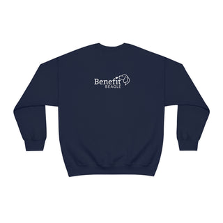 Easily Distracted Unisex Heavy Blend Crewneck Sweatshirt in Navy. Shown is back design with the classic Benefit Beagle Logo. The front design features a dog waving with the saying "Easily Distracted by Dogs" below it.