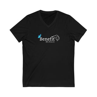 Lincoln Butterfly Unisex V-Neck Tee in Black. Shown is the front of shirt with Benefit Beagle Logo kissed by butterfly. The back of shirt showcases profile of a dog with a blue butterfly on its nose and the phrase "Kindness is Strength" next to it.