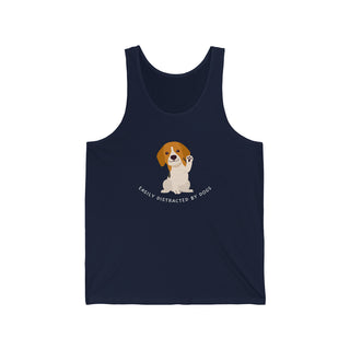 Easily Distracted Unisex Jersey Tank in Navy. Shown is front design featuring a dog waving with the saying "Easily Distracted by Dogs" below it. The back of shirt has the classic Benefit Beagle Logo.