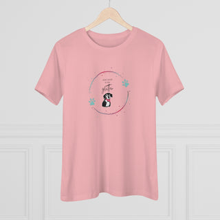 Dog Hair is my Glitter Women's Premium Tee in Pink. The Dog Hair is my Glitter design features a dog with the phrase "Dog Hair is my Glitter" above it and it is surrounded by a circle with paw prints.