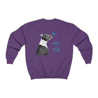 Lincoln Butterfly Unisex Crewneck Sweatshirt in Purple. Shown is back of shirt design showcasing profile of a dog with a blue butterfly on its nose and the phrase "Kindness is Strength" next to it. The front of shirt has Benefit Beagle Logo kissed by a Butterfly.