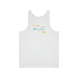 Beagle-Thirty Bottles Unisex Jersey Tank in White. The front of shirt showcases Two Paw Labeled Bottles clinking with the saying, "It's Beagle-Thirty". Back of shirt features corresponding Benefit Beagle Logo.