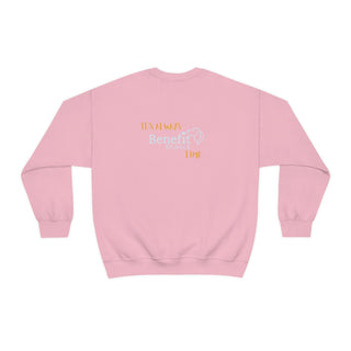 Beagle-Thirty Mugs Unisex Heavy Blend Crewneck Sweatshirt in Light Pink. Shown is back of shirt featuring "Beagle-Thirty" Benefit Beagle Logo. The front Showcases Two Dog Adorned Mugs clinking with, "It's Beagle- Thirty" written above it.