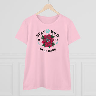 Stay Wild Women's Midweight Cotton Tee in Light Pink. Shown is front of Stay Wild Design features a tattoo style rose with the phrase "Stay Wild, Play Hard" around it. The back of shirt features the Stay Wild Benefit Beagle Logo Design.