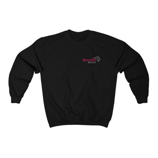 Different Pawspective Unisex Crewneck Sweatshirt in Black. Shown is front of shirt with Benefit Beagle logo in the top corner . On the back is large colorful pawprint with the the phrase "Life is all about finding the beauty in a different pawspective" circled around it.