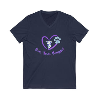 Live, Love, Beagle Unisex V-Neck Tee in Navy. The Live, Love, Beagle design features a dog running through a heart with the phrase "Live, Love, Beagle!" under it.