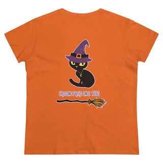 A slightly more fitted take of a classic short sleeve cotton tee. This contoured silhouette is made out of a soft, light cotton. Back side shown in Orange with Wide Eyed Cartoon Cat wearing Purple Hat Standing over Broom. "Crossing Paths Since 1692". On the front of shirt is similar Witchy Benefit Beagle Logo. Purrfect for Halloween, or anytime!