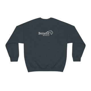 Easily Distracted Unisex Heavy Blend Crewneck Sweatshirt in Dark Heather. Shown is back design with the classic Benefit Beagle Logo. The front design features a dog waving with the saying "Easily Distracted by Dogs" below it.