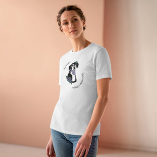 Signature Tattoo Flowers Women's Premium Tee in White. Shown is front of shirt with the Signature Tattoo Flowers design featuring a dog with flowers around it and the phrase "Beagletude" and "Nothing is Impawssible". Back of shirt features the Benefit Beagle Logo.