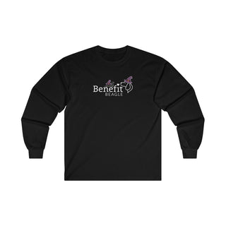 Witchy Cat Unisex Ultra Cotton Long Sleeve Tee. Front side shown in Black with a Seasonal Benefit Beagle Logo Design. Back side showcases Wide Eyed Cartoon Cat wearing Purple Hat Standing over Broom. "Crossing Paths Since 1692". Purrfect for Halloween, or anytime!