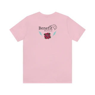 Stay Wild Premium Unisex Tee in Pink. Shown is the back of shirt with Benefit Beagle Logo complete with Tattoo Rose. On front of shirt is Stay Wild Design featuring a tattoo style rose with the phrase "Stay Wild, Play Hard" around it.