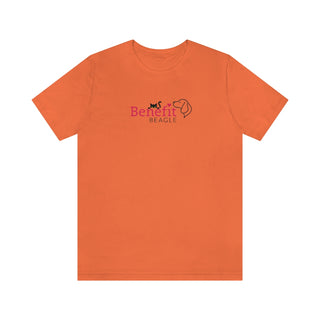 Meow Unisex Jersey Short Sleeve Tee in Orange. Shown is front of shirt with the Benefit Beagle Logo featuring a peeping cat. The back showcases a wide eyed black cartoon cat with the phrase "Chatty Cat" above it.