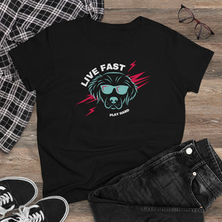 Play Hard Women's Midweight Cotton Tee shirt in Black. The design features a cool dog with sunglasses and lightening bolts behind it. The phrase "Live Fast, Play Hard" is around the design.