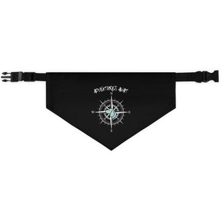 Adventures Await Dog Collar Bandana in Black. The Adventures Await design features a nautical compass with the profile of a dog in the center. Comes with adjustable black collar.