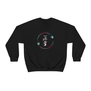 Dog Hair is my Glitter Unisex Crewneck in Black. The Dog Hair is my Glitter design features a dog with the phrase "Dog Hair is my Glitter" above it and it is surrounded by a circle with paw prints.