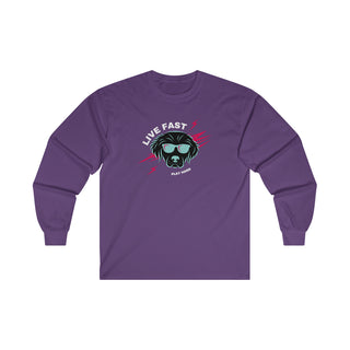 Play Hard Ultra Long Sleeve Tee in Purple. The design features a cool dog with sunglasses and lightening bolts around it. The phrase "Live Fast, Play Hard" is around the design.