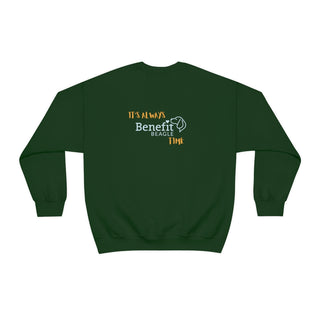 Beagle-Thirty Mugs Unisex Heavy Blend Crewneck Sweatshirt in Forest Green. Shown is back of shirt featuring "Beagle-Thirty" Benefit Beagle Logo. The front Showcases Two Dog Adorned Mugs clinking with, "It's Beagle- Thirty" written above it.