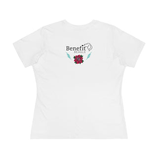 Stay Wild Women's Premium Tee in White. Shown is the back of shirt with Benefit Beagle Logo complete with Tattoo Rose. On front of shirt is Stay Wild Design featuring a tattoo style rose with the phrase "Stay Wild, Play Hard" around it.