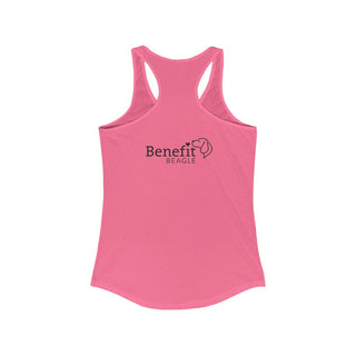 Signature Tattoo Flowers Women's Ideal Racerback Tank in Hot Pink. Shown is back of shirt with the Benefit Beagle Logo. Front of shirt has the Signature Tattoo Flowers design featuring a dog with flowers around it and the phrase "Beagletude" and "Nothing is Impawssible"