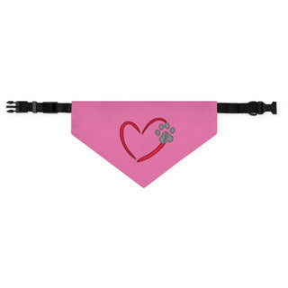 Live, Love, Beagle Dog Collar Bandana in Pink. The Live, Love, Beagle design features a heart with a paw print. Comes with black adjustable collar.