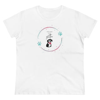 Dog Hair is my Glitter Women's Midweight Cotton Tee in White. The Dog Hair is my Glitter design features a dog with the phrase "Dog Hair is my Glitter" above it and it is surrounded by a circle with paw prints.