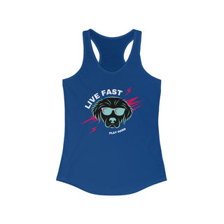 Play Hard Women's Ideal Racerback Tank in  Royal. The design features a cool dog with sunglasses and lightening bolts around it. The phrase "Live Fast, Play Hard" is around the design.