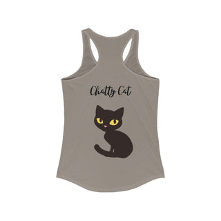 Meow Women's Racerback Tank in Warm Grey. Shown is back showcasing a wide eyed black cartoon cat with the phrase "Chatty Cat" above it. On front of shirt is the Benefit Beagle Logo featuring a peeping cat.