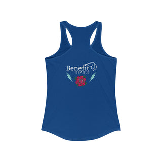 Stay Wild Women's Ideal Racerback Tank in Royal.  Shown is the back of shirt with Benefit Beagle Logo complete with Tattoo Rose. On front of shirt is Stay Wild Design featuring a tattoo style rose with the phrase "Stay Wild, Play Hard" around it.