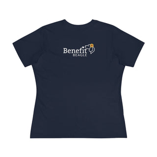 You are my Sunshine Women's Premium Tee shirt in Navy. Shown is back of shirt featuring the Sunflower Benefit Beagle Logo. The front showcases a sunflower which is split down the middle and half is made out of paw prints. Underneath is the phrase "You are my Sunshine".