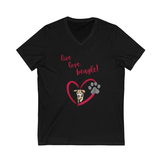 Live, Love, Beagle Unisex V-Neck Tee in Black. The Live, Love, Beagle design features a dog running through a heart with the phrase "Live, Love, Beagle!" above it.