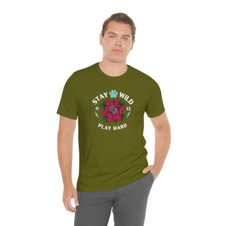 Stay Wild Unisex Premium Tee in Olive. Shown is front of Stay Wild Design features a tattoo style rose with the phrase "Stay Wild, Play Hard" around it. The back of shirt features the Stay Wild Benefit Beagle Logo Design.