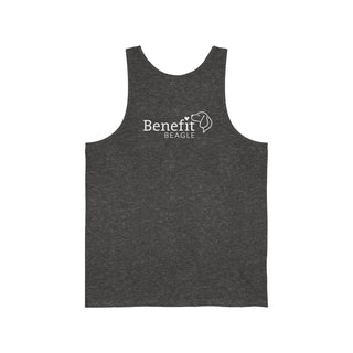 Signature Tattoo Flowers Unisex Jersey Tank in Charcoal Black Triblend. Shown is back of shirt with the Benefit Beagle Logo. Front of shirt has the Signature Tattoo Flowers design featuring a dog with flowers around it and the phrase "Beagletude" and "Nothing is Impawssible".