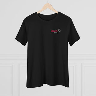 Different Pawspective Women's Premium Tee in Black. Shown is front of shirt with Benefit Beagle logo in the top corner . On the back is large colorful pawprint with the the phrase "Life is all about finding the beauty in a different pawspective" circled around it.