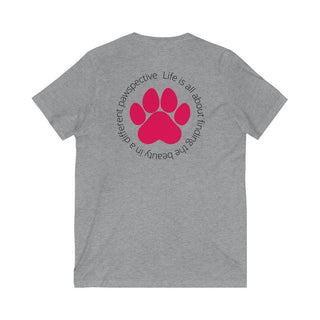 Different Pawspective Unisex V-Neck Tee in Athletic Heather. Shown is the back of shirt featuring a large colorful pawprint with the the phrase "Life is all about finding the beauty in a different pawspective" circled around it. The Benefit Beagle Logo is located in the top corner on the front of shirt.