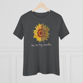 You are my Sunshine Women's Premium Tee shirt in Asphalt. Shown is the front showcasing a sunflower which is split down the middle and half is made out of paw prints. Underneath is the phrase "You are my Sunshine" . Back of shirt features the Sunflower Benefit Beagle Logo.