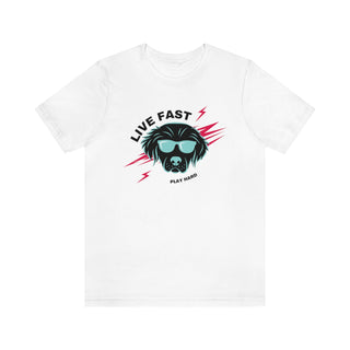 Play Hard Unisex Jersey Short Sleeve Tee Shirt in White. The design features a cool dog with sunglasses and lightening bolts around it. The phrase "Live Fast, Play Hard" is around the design.