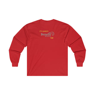 Beagle-Thirty Bottles Unisex Ultra Cotton Long Sleeve Tee in Red. Shown is back of shirt featuring "Beagle-Thirty" Benefit Beagle Logo. The front Showcases Two Paw Labeled Bottles clinking with, "It's Beagle-Thirty" written next to it.