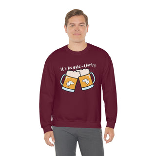 Beagle-Thirty Mugs Unisex Heavy Blend Crewneck Sweatshirt in Maroon. The front of shirt showcases Two Dog Adorned Mugs clinking with the saying, "It's Beagle-Thirty" above it. Back of shirt features corresponding Benefit Beagle Logo.