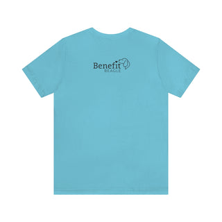 Signature Tattoo Roses Unisex Short Sleeve Tee in Turquoise. Shown is back of shirt with the Benefit Beagle Logo. Front of shirt has the Signature Tattoo Roses design featuring a dog with roses around it and the phrase "Beagletude" and "Nothing is Impawssible".