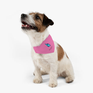 Dog wearing the Lincoln Butterfly Dog Collar Bandana in Pink. The Lincoln Butterfly design features the Benefit Beagle logo with a blue butterfly above it. Comes with adjustable black collar.