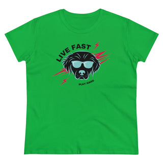 Play Hard Women's Midweight Cotton Tee shirt in Irish Green. The design features a cool dog with sunglasses and lightening bolts behind it. The phrase "Live Fast, Play Hard" is around the design.