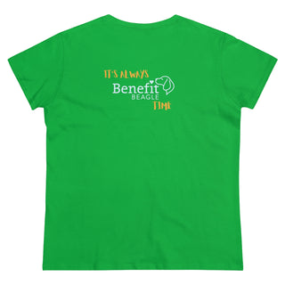 Beagle-Thirty Mugs Women's Midweight Cotton Tee in Irish Green. Shown is back of shirt featuring "Beagle-Thirty" Benefit Beagle Logo. The front Showcases Two Dog Adorned Mugs clinking with, "It's Beagle-Thirty" written above it.