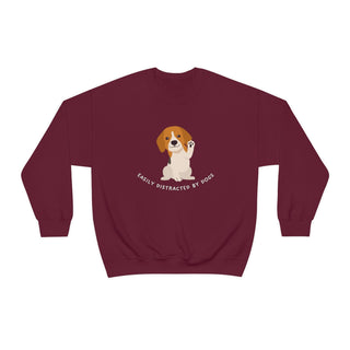 Easily Distracted Unisex Heavy Blend Crewneck Sweatshirt in Maroon. Shown is front design featuring a dog waving with the saying "Easily Distracted by Dogs" below it. The back of shirt has the classic Benefit Beagle Logo.