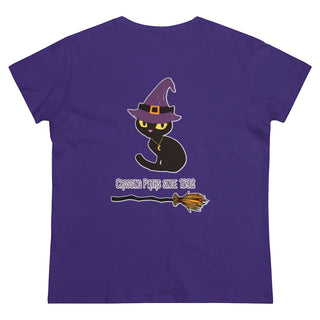 A slightly more fitted take of a classic short sleeve cotton tee. This contoured silhouette is made out of a soft, light cotton. Back side shown in Purple with Wide Eyed Cartoon Cat wearing Purple Hat Standing over Broom. "Crossing Paths Since 1692". On the front of shirt is similar Witchy Benefit Beagle Logo. Purrfect for Halloween, or anytime!