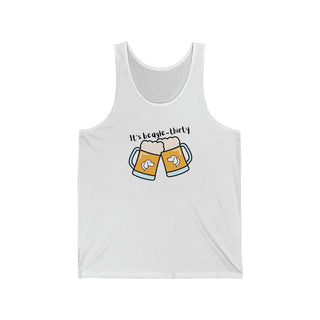 Beagle-Thirty Mugs Unisex Jersey Tank in White. The front of shirt showcases Two Dog Adorned Mugs clinking with the saying, "It's Beagle-Thirty" above it. Back of shirt features corresponding Benefit Beagle Logo.