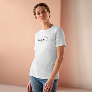 Bee Pawsitive Women's Premium Tee shirt in White. The front of shirt features the Bee Pawsitive Benefit Beagle Logo. The back of shirt showcases a dog dressed as a bee in a field of sunflowers with "Bee Pawsitive" written above.