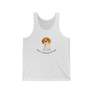 Easily Distracted Unisex Jersey Tank in White. Shown is front design featuring a dog waving with the saying "Easily Distracted by Dogs" below it. The back of shirt has the classic Benefit Beagle Logo.