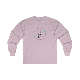 Dog Hair is my Glitter Long Sleeve Tee in Light Pink. The Dog Hair is my Glitter design features a dog with the phrase "Dog Hair is my Glitter" above it and it is surrounded by a circle with paw prints.