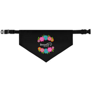 Dia De Los Muertos Dog Collar Bandana in Black. The Dia De Los Muertos design features the Benefit Beagle logo with flowers surrounding it. Comes with adjustable black collar.