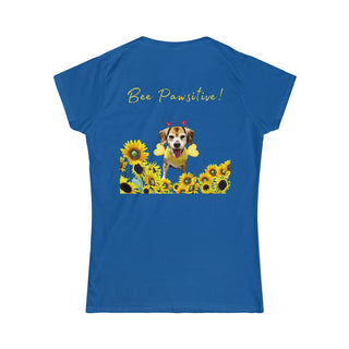 Bee Pawsitive Women's Softstyle Tee in Royal. Shown is back of shirt showcasing a dog dressed as as bee in a a field of sunflowers with the phrase "Bee Pawsitive!" above it. The front features the Bee Pawsitive Benefit Beagle Logo.